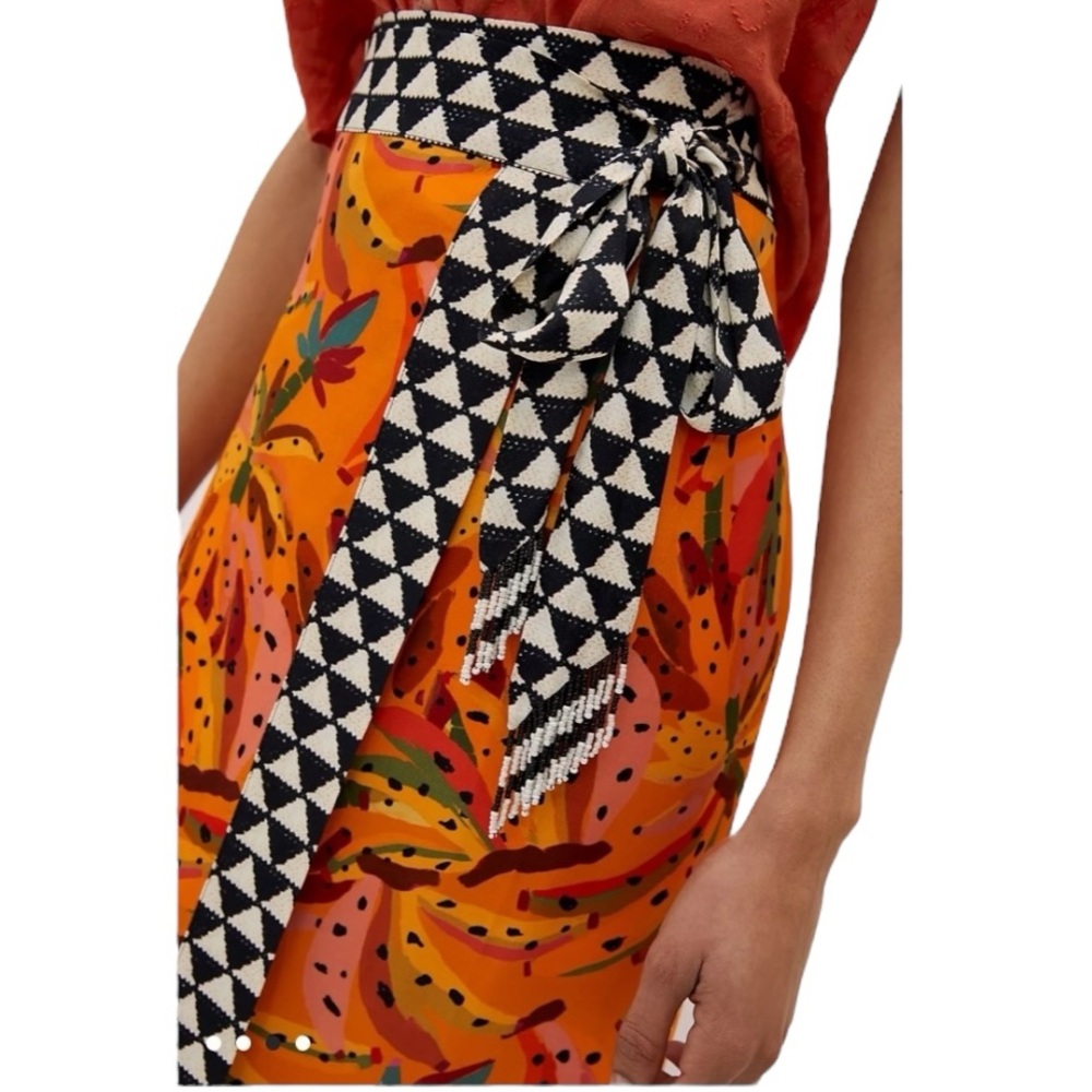 Farm Rio Anthropologie Contrast Wrap Midi Skirt Orange XS New Boho tropical pool - Picture 3 of 9